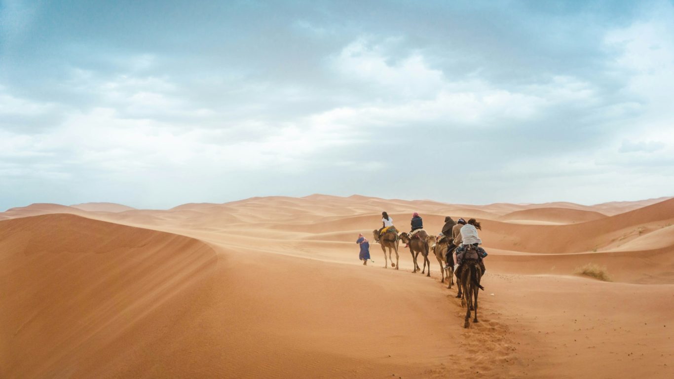 Desert Camel Ride Camels and riders traversing vast sandy dunes under a cloudy sky.