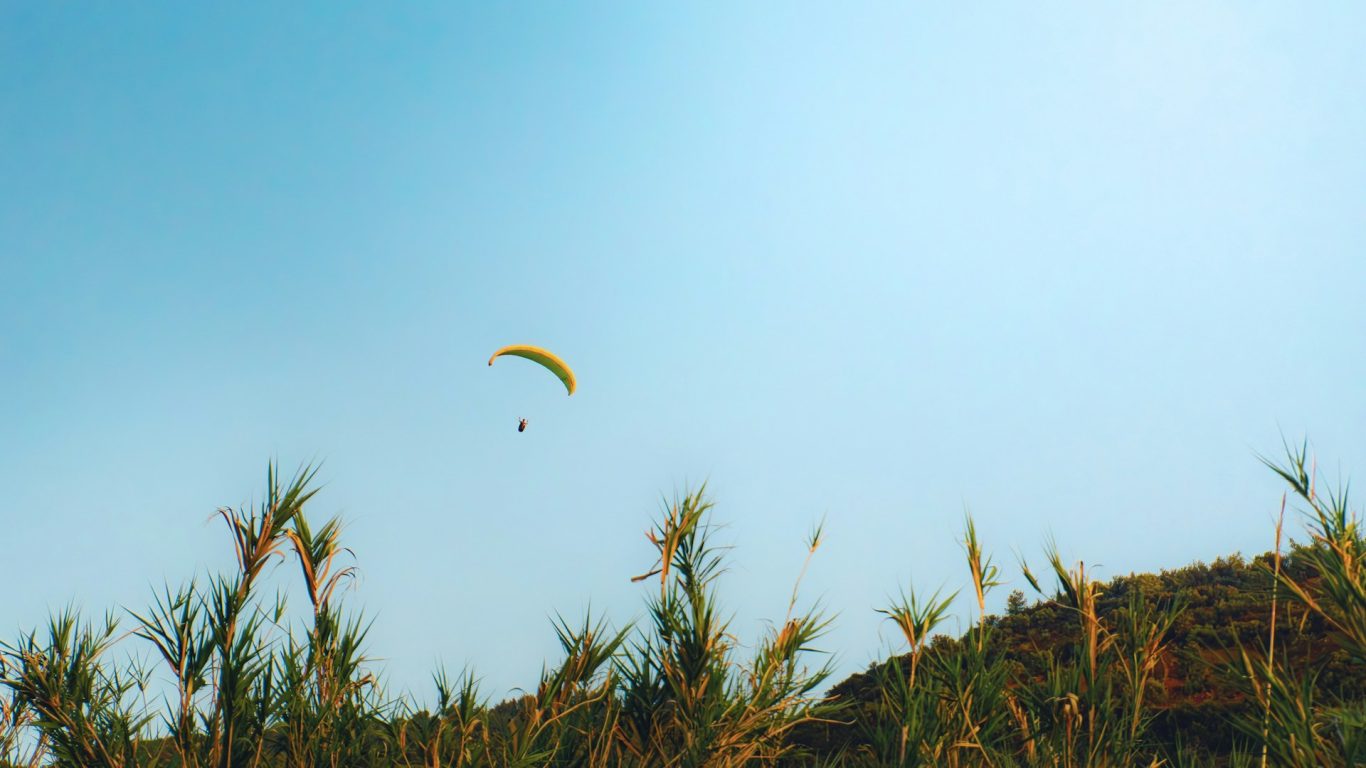 A lone paraglider soaring above greenery against a clear blue sky.